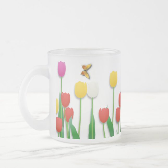 Butterfly and Tulips Frosted Glass Coffee Mug (Left)