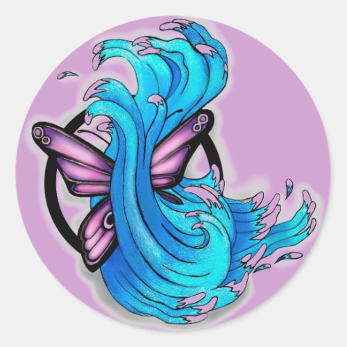 Butterfly and waves classic round sticker