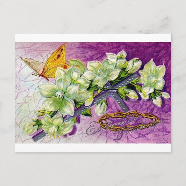 BUTTERFLY AND WHITE BLOSSOMS EASTER GREETINGS HOLIDAY POSTCARD (Front)