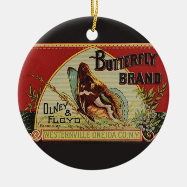 Butterfly Antique Advertising Label Ceramic Ornament (Front)