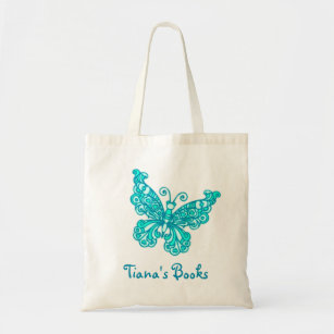 Butterfly aqua kids named library tote bag