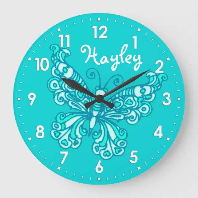 Butterfly aqua mint girls room name wall clock | Zazzle
