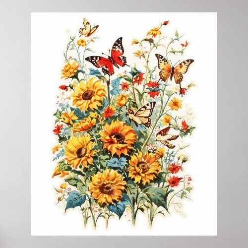 Butterfly around flowers design poster