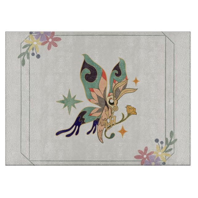 Butterfly Art, Beige Floral Graphic Design Cutting Board (Front)