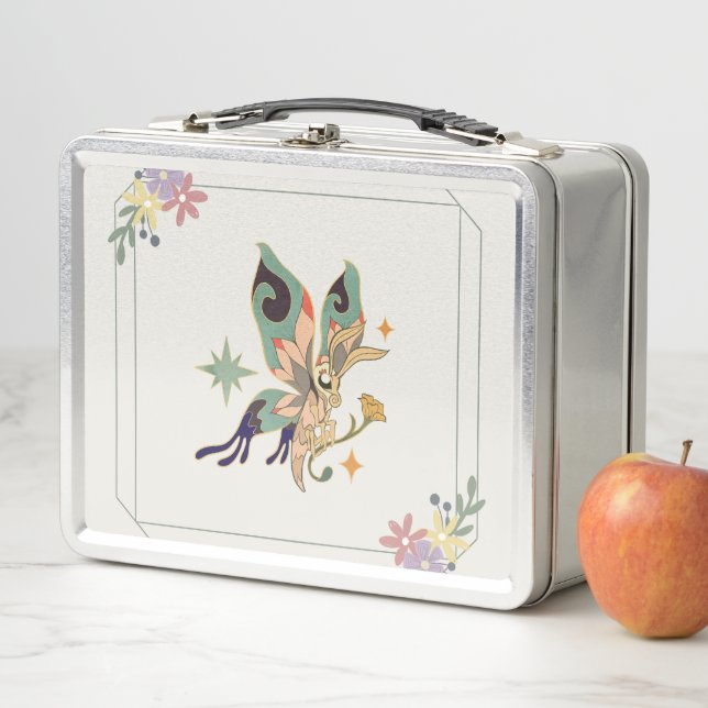 Butterfly Art, Beige Floral Graphic Design Metal Lunch Box (In Situ)