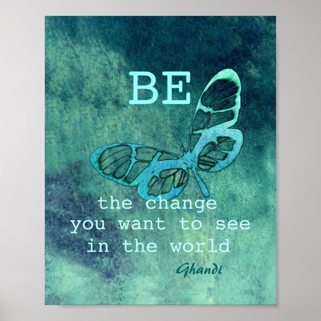 butterfly art on  poster Ghandi quote teal blue (Front)