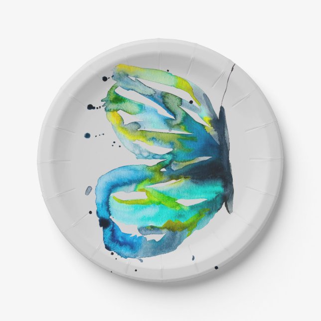 Butterfly art watercolor blue paper plates (Front)
