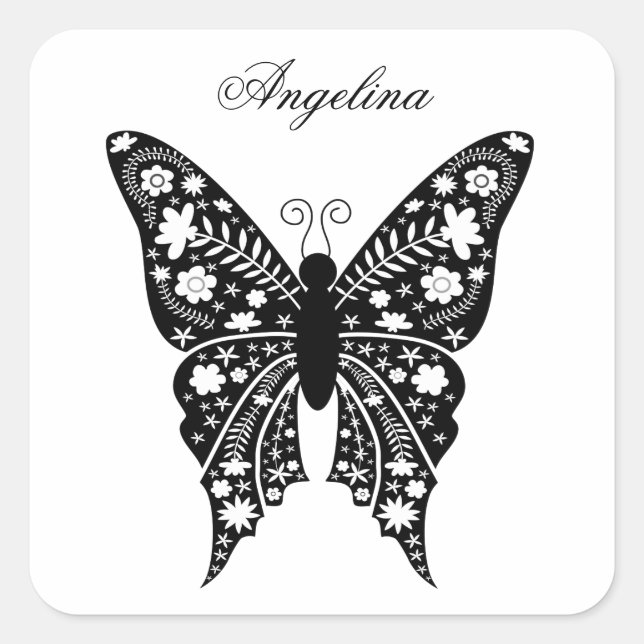 Butterfly Artsy Elegant Black and White Name Square Sticker (Front)