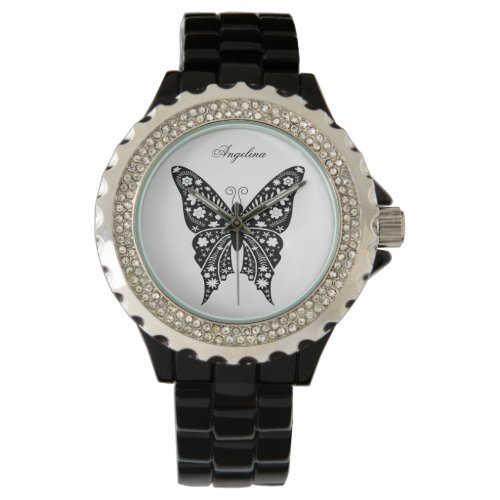 Butterfly Artsy Elegant Black and White Name Watch