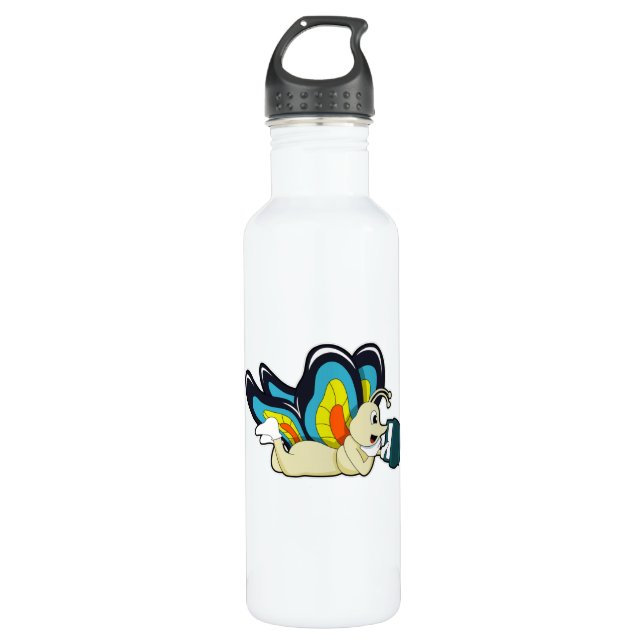 Butterfly at Reading with Book Stainless Steel Water Bottle (Front)