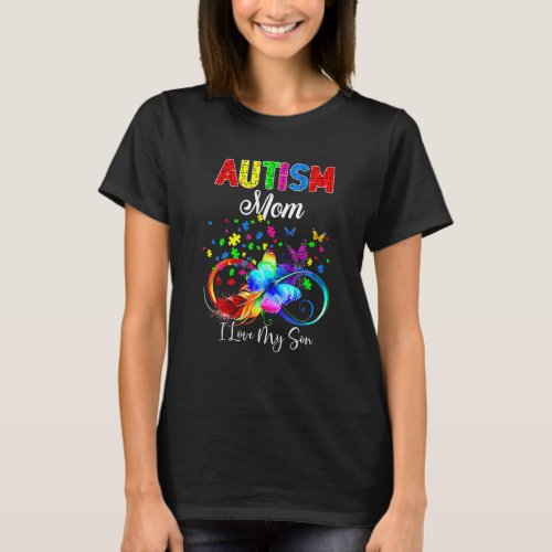 Butterfly Autism Mom I Love My Son Support Autisti T_Shirt