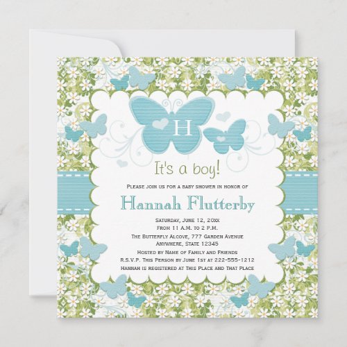 Butterfly Baby Boy Shower Invitations Monogrammed