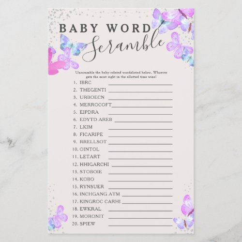 Butterfly Baby Shower Baby Word Scramble Game