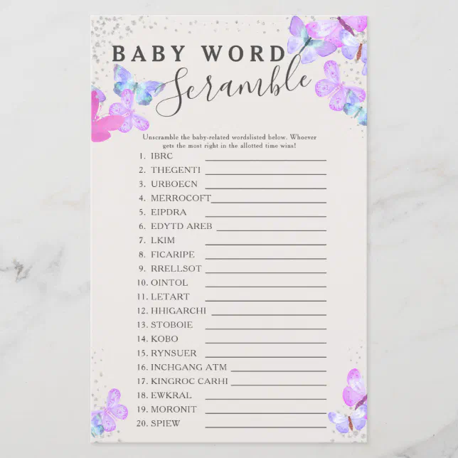 Butterfly Baby Shower Baby Word Scramble Game | Zazzle