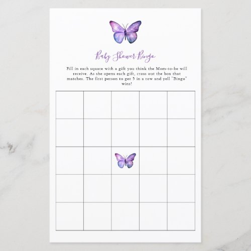 Butterfly Baby Shower Bingo Game Elegant Script 