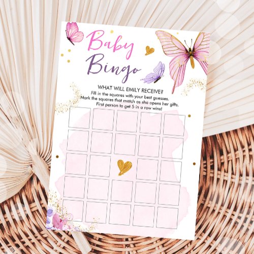 Butterfly Baby Shower Bingo Game Pink Gold Girl Invitation