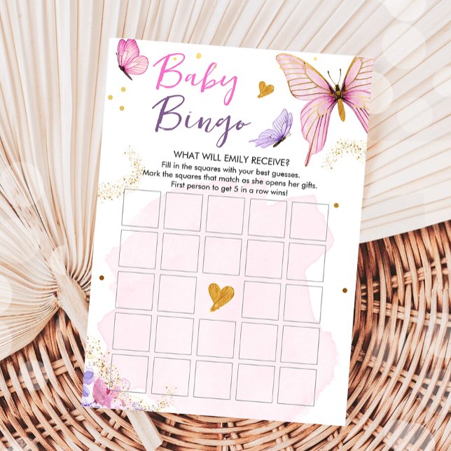 Butterfly Baby Shower Bingo Game Pink Gold Girl Invitation (Creator Uploaded)