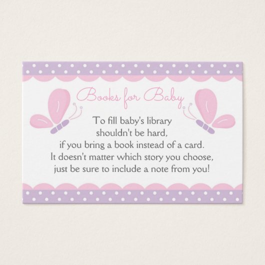 Butterfly Baby Shower Book Request Card purplepink (Front)