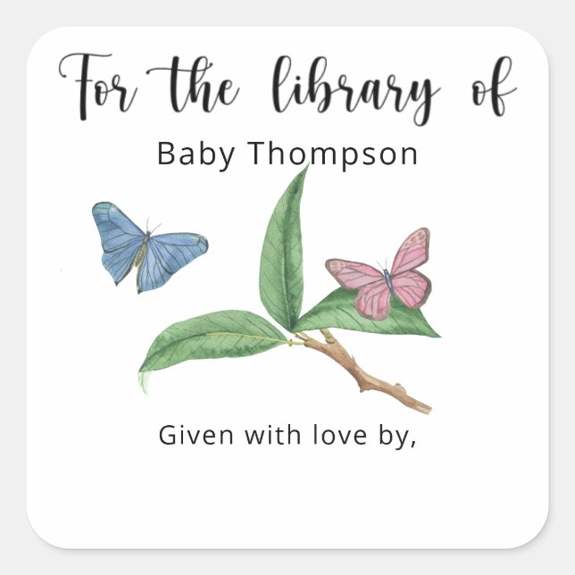 Butterfly Baby Shower bookplate, books for baby  Square Sticker (Front)