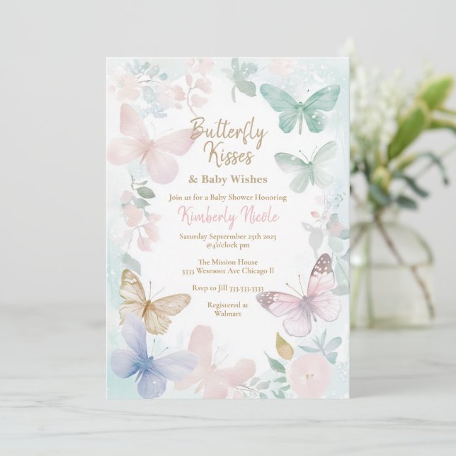 Butterfly baby shower butterfly kisses baby shower invitation (Standing Front)