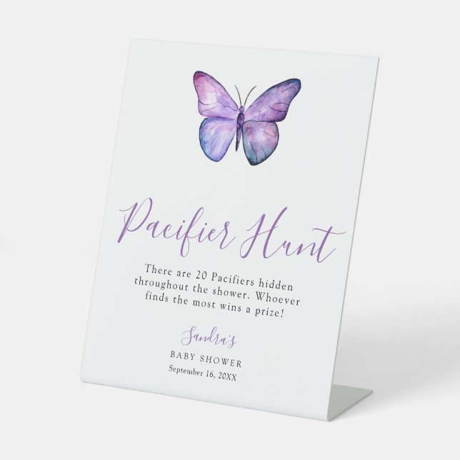 Butterfly Baby Shower Elegant Pacifier Hunt Game Pedestal Sign (Front)