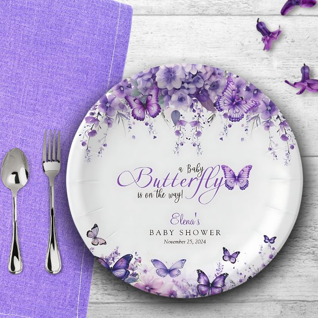 Butterfly Baby Shower Elegant Purple Floral Paper Plates (Creator Uploaded)