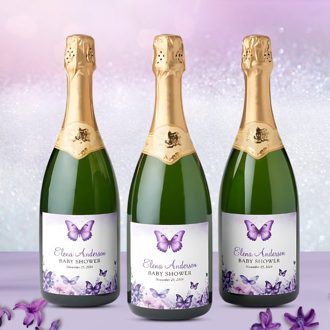 Butterfly Baby Shower Elegant Purple Floral Sparkling Wine Label (Creator Uploaded)