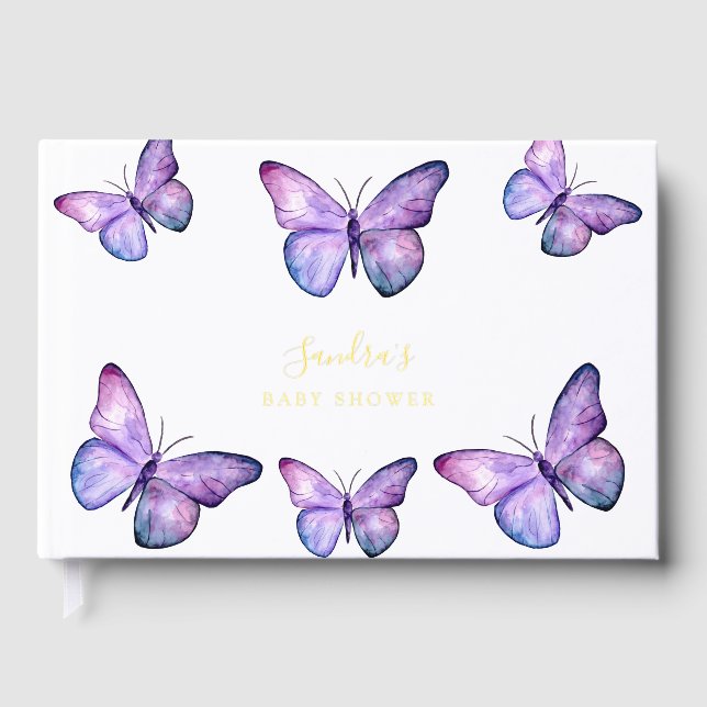 Butterfly Baby Shower Elegant Purple Foil Guest Book (Front)