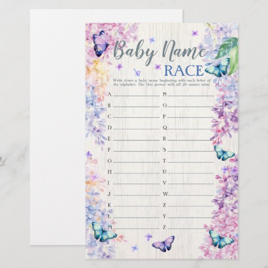 Butterfly Baby Shower Game | Baby Name Race Game (Front/Back)