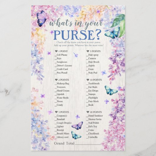 Butterfly Baby Shower Game | What's In Your Purse? (Front)