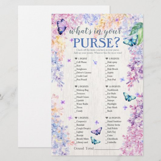 Butterfly Baby Shower Game | What's In Your Purse? (Front/Back)