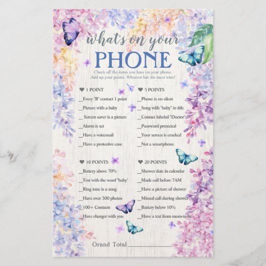 Butterfly Baby Shower Game | What's On Your Phone? (Front)