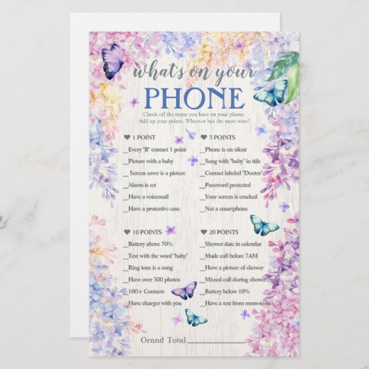 Butterfly Baby Shower Game | What's On Your Phone? (Front/Back)