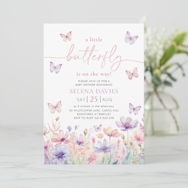 Butterfly Baby Shower Girl Purple Pink Flower Invitation (Standing Front)