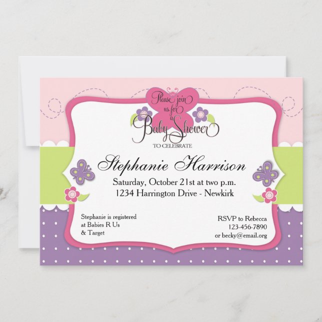 Butterfly Baby Shower in Purple Pink and Green Invitation (Front)