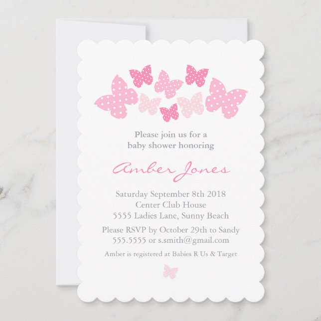 Butterfly Baby Shower Invitation - Pink (Front)