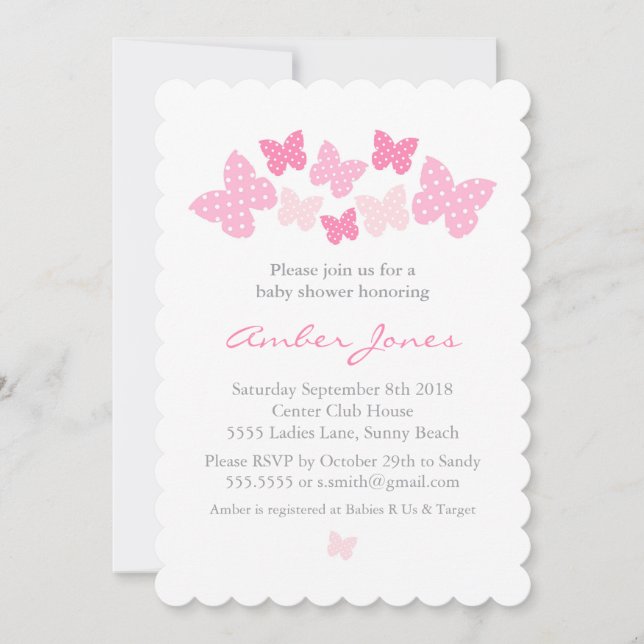 Butterfly Baby Shower Invitation - Pink (Front)