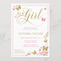 Butterfly Baby Shower Invitation, Pink, Gold Invitation