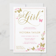 Butterfly Baby Shower Invitation, Pink, Gold Invitation