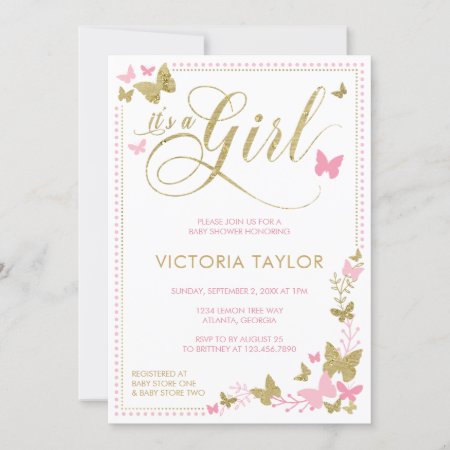 Pink gold purple butterfly girl baby shower invitation