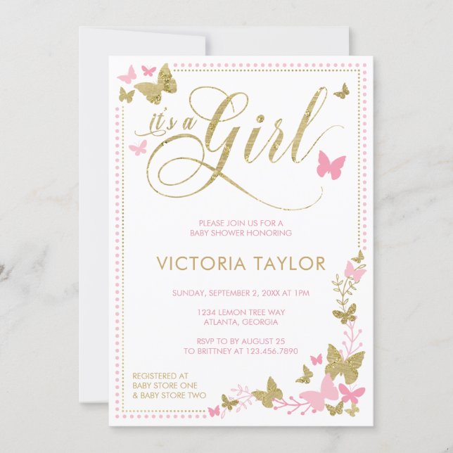Butterfly Baby Shower Invitation, Pink, Gold Invitation (Front)