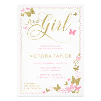 Butterfly Baby Shower Invitation, Pink, Gold Invitation