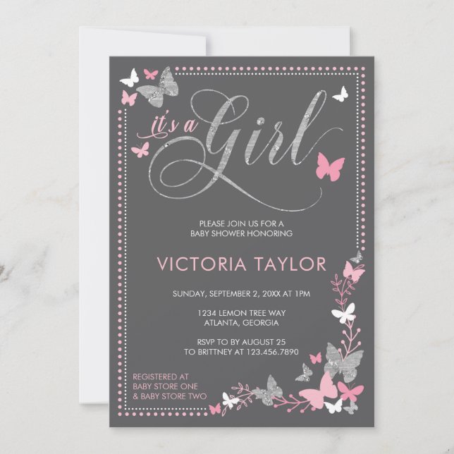 Butterfly Baby Shower Invitation, Pink, Gray Invitation (Front)