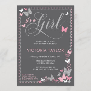 Butterfly Baby Shower Invitation, Pink, Gray Invitation