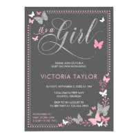 Butterfly Baby Shower Invitation, Pink, Gray Invitation