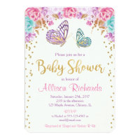 Butterfly baby shower invitation, pink purple gold card