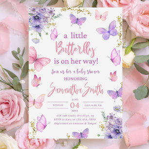 Butterfly Baby Shower Invitation, Pink Purple  Invitation
