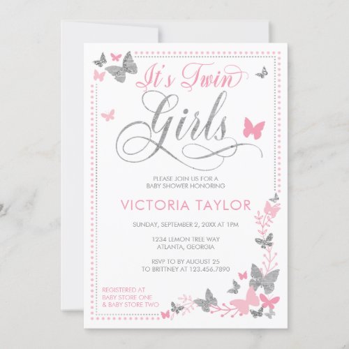 Butterfly Baby Shower Invitation Pink Silver Invitation