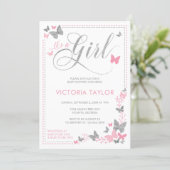 Butterfly Baby Shower Invitation, Pink, Silver Invitation (Standing Front)