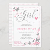 Butterfly Baby Shower Invitation, Pink, Silver Invitation (Front/Back)